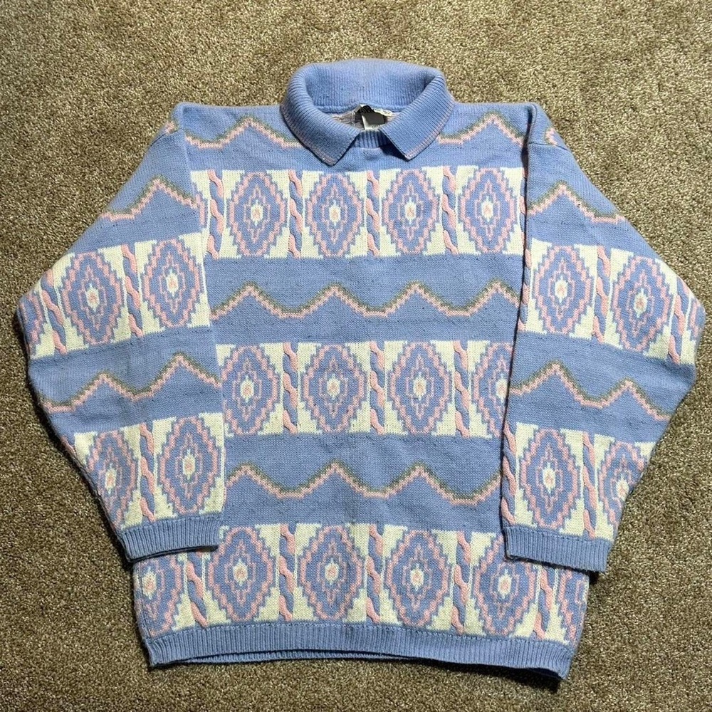 Vintage 1990s Cute Multi Color Design Grandma Double Collar knitted Sweater